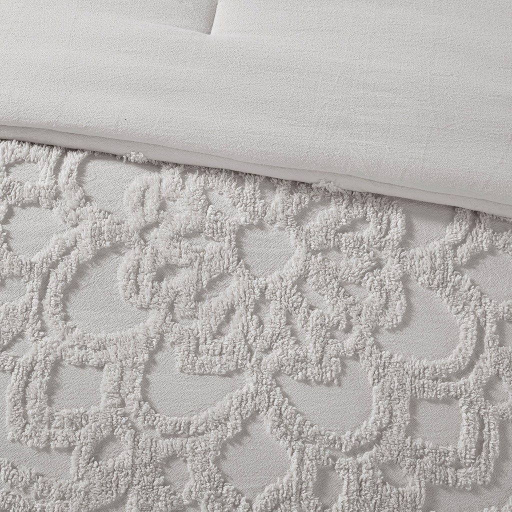 3 Piece Tufted Cotton Chenille Medallion Comforter Set Grey Full Queen Full Grey Cotton