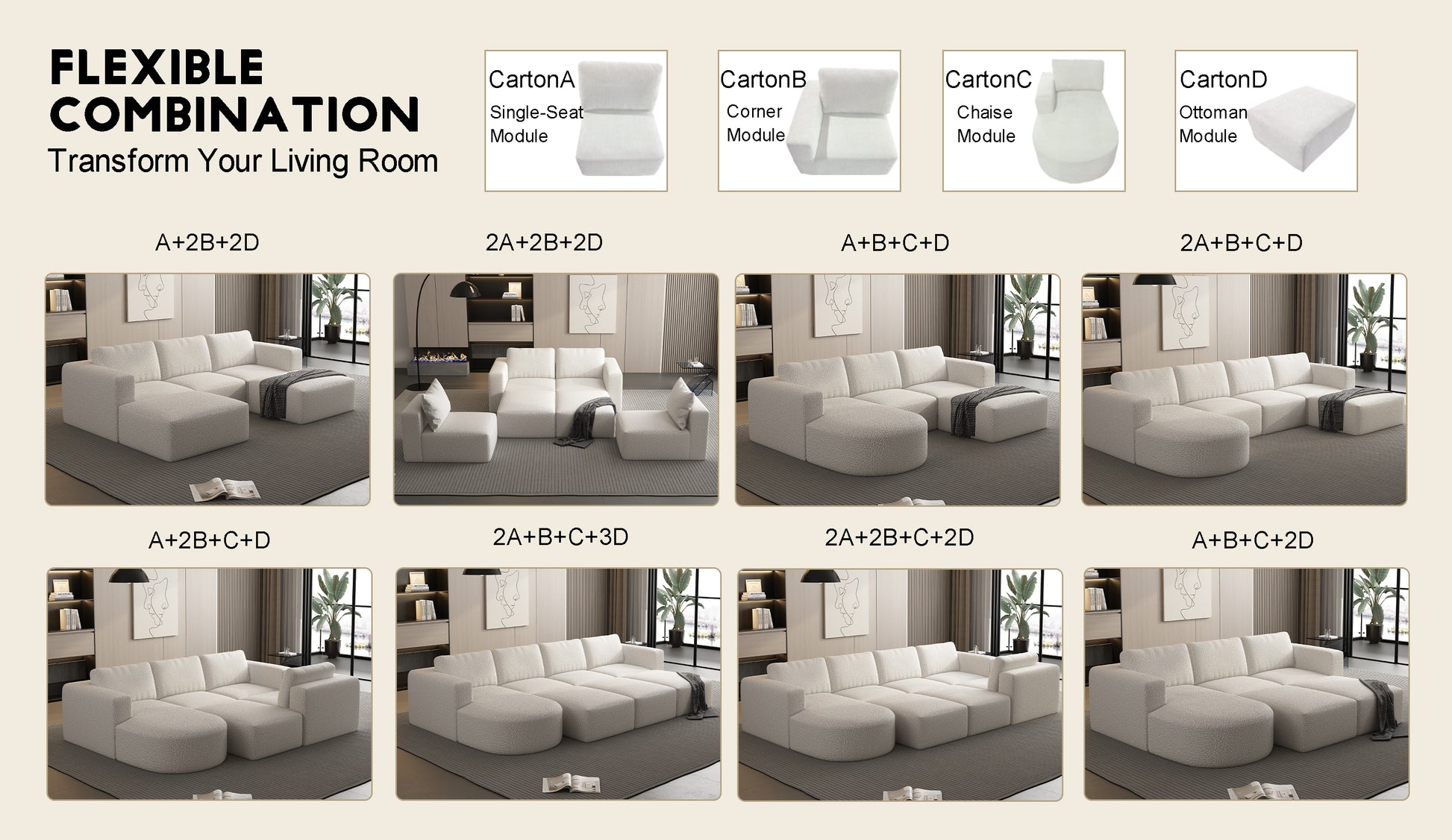 104.32*74.8 Modular Sectional Sofa Sleeper Couch, Sectional Sofa With Chaise And Ottoman, Convertible U Shaped Modular Sofa Set. Compressed Sponge, White. Combo 2A 2B 2D White Primary Living Space