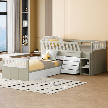 L Shaped Space Saving Twin Loft And Twin Platform Bed With 7 Drawers And Full Guardrails White Light Brown Twin Brown White Solid Wood