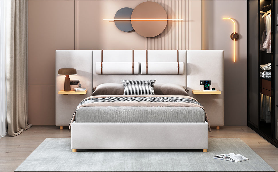 Queen Size Upholstered Platform Bed, Two Outlets And Usb Charging Ports On Both Sides, Two Bedside Pillows, Storage Shelves,Velvet, Beige Queen Beige Mdf Lvl
