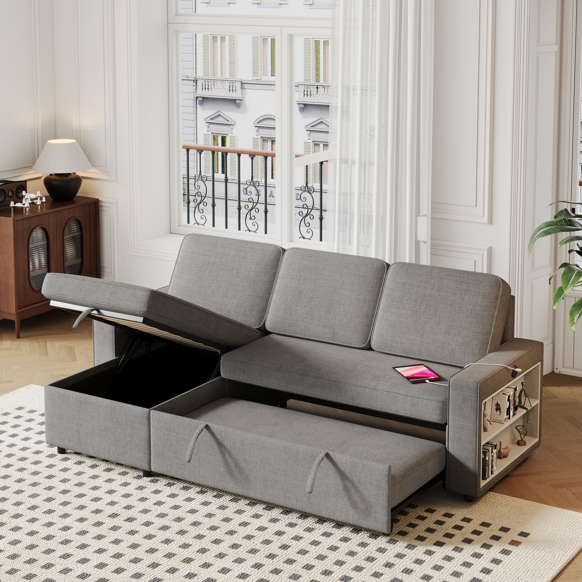 85.8" Pull Out Sleeper Sofa L Shaped Couch Convertible Sofa Bed With Storage Chaise And Storage Racks,With Usb Port And T Pyce Port Dark Grey Fabric 3 Seat