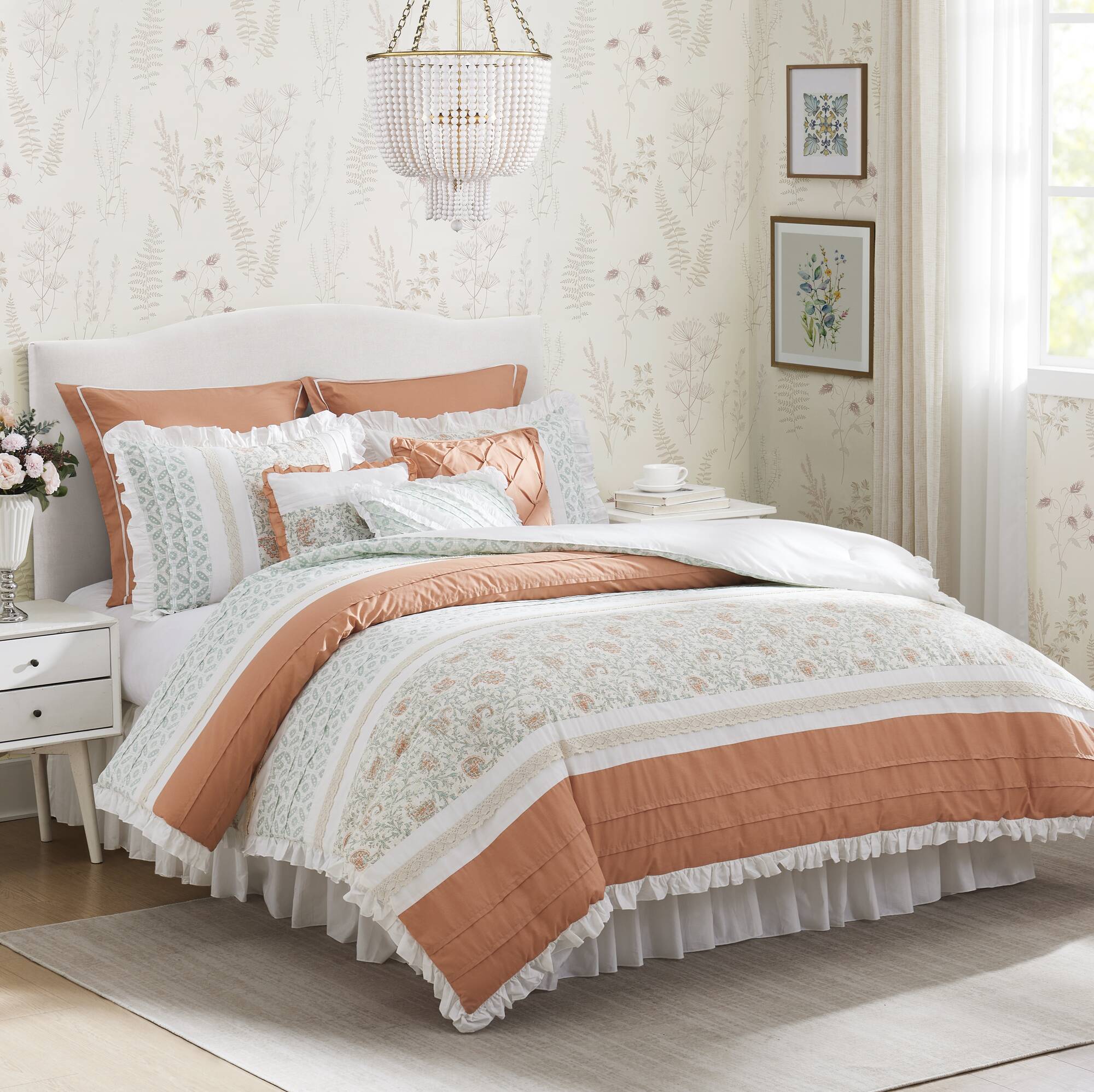 9 Piece Cotton Percale Comforter Set Coral Queen Queen Coral Polyester