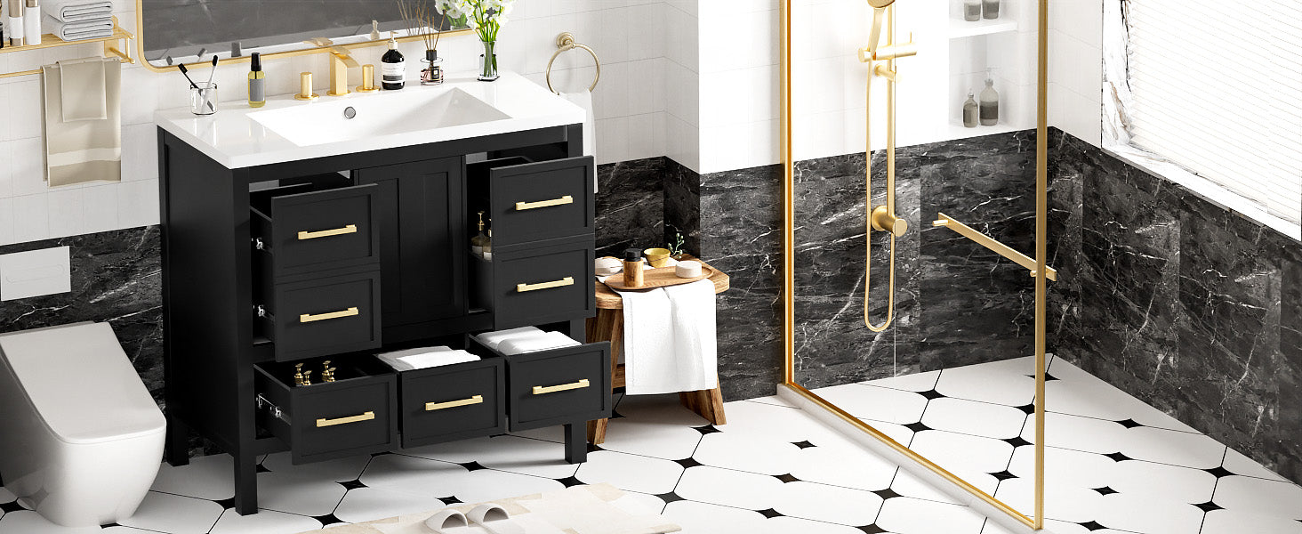 36'' Bathroom Vanity With Resin Sink Combo, Solid Wood Frame Bathroom Storage Cabinet, Freestanding Vanity Set With 5 Drawers& Soft Closing Doors Same As Sw000142Aab Black Bathroom Solid Wood Mdf Resin