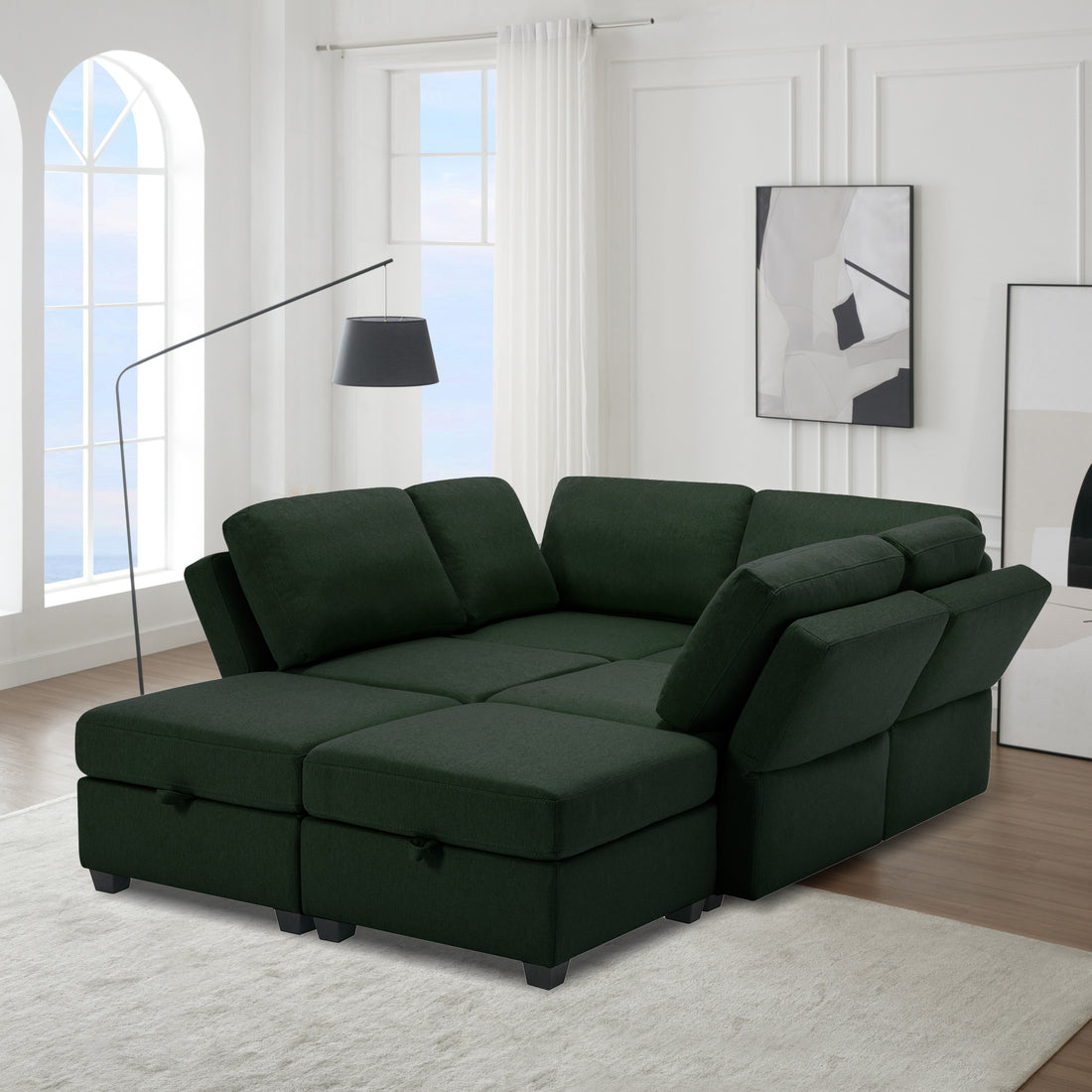 Oversized Modern 6 Seat Upholstered Sofa, Large Sectional Sofa With Storage Seats And Ottomanssofa Bed With Thick And Soft Cushions At All Sidesadjustable Arms And Backs Green Green Polyester 4 Seat