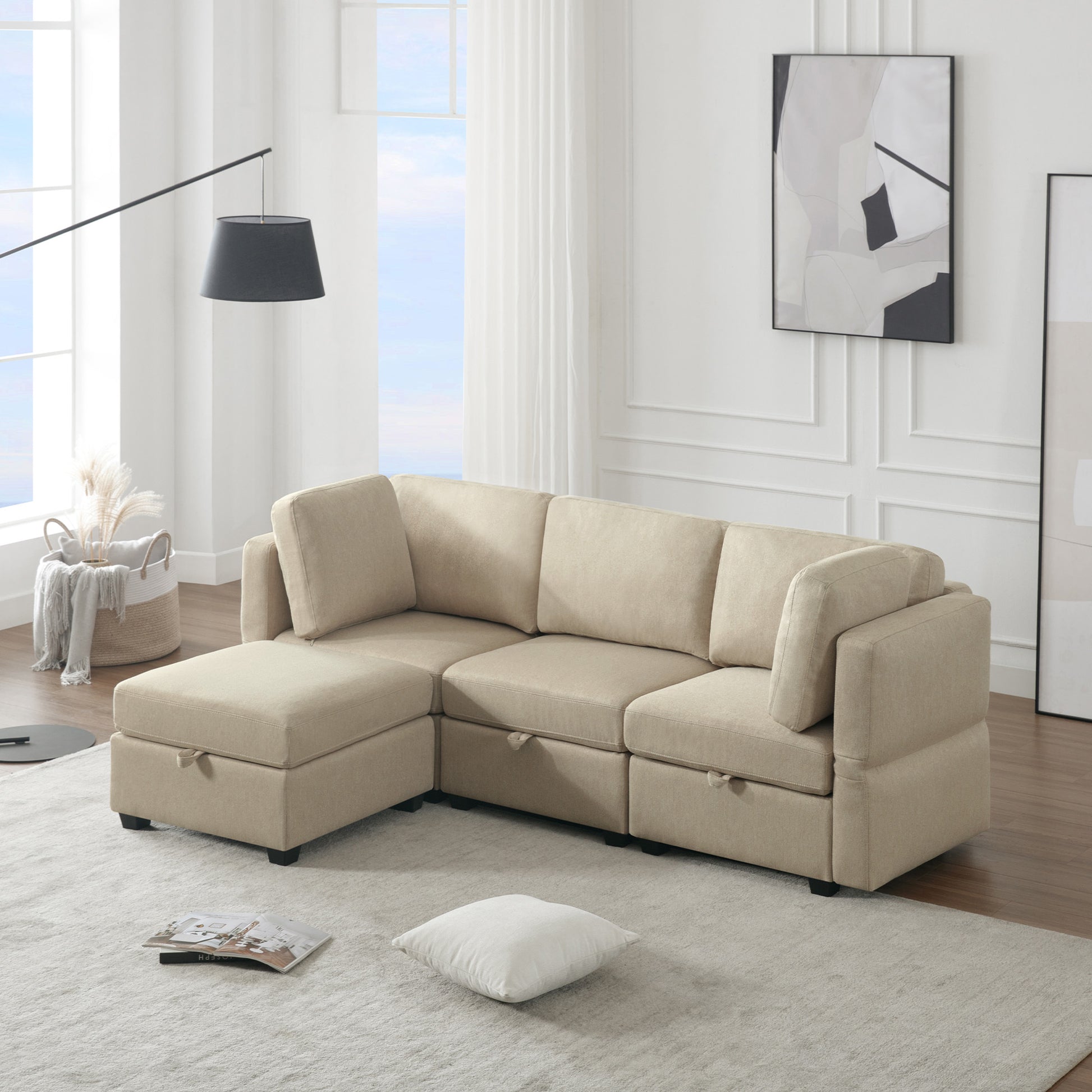 Convertible Sectional Sofa With Chaise, L Shaped Sofa Couch Modular Sectional Sofa With Storage Seats, Adjustable Arms And Backs Beige Beige Polyester 3 Seat