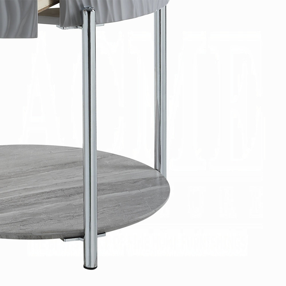 Grey High Gloss And Chrome End Table With Drawer Grey Silver Primary Living Space Shelves Round Wood Metal