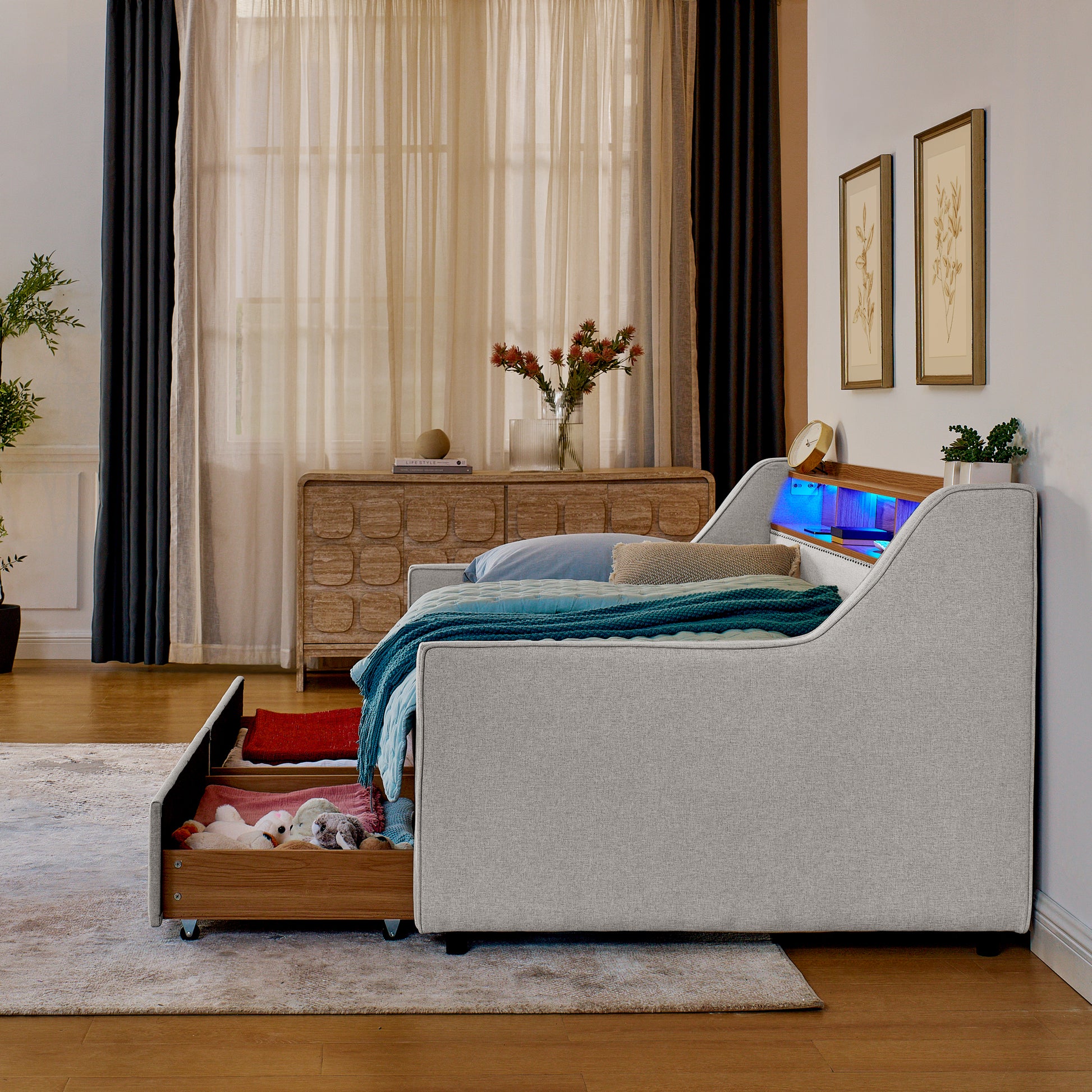 Twin Size Upholstery Sofa Bed With Three Led Lights, With Storage Adjustable Headboard, With Two Storage Pull Up Drawers And Wireless Charging, Linen Padded Sofa Bed Frame, Beige Box Spring Not Required Twin Beige Composite Bedroom Classic Eucalyptus