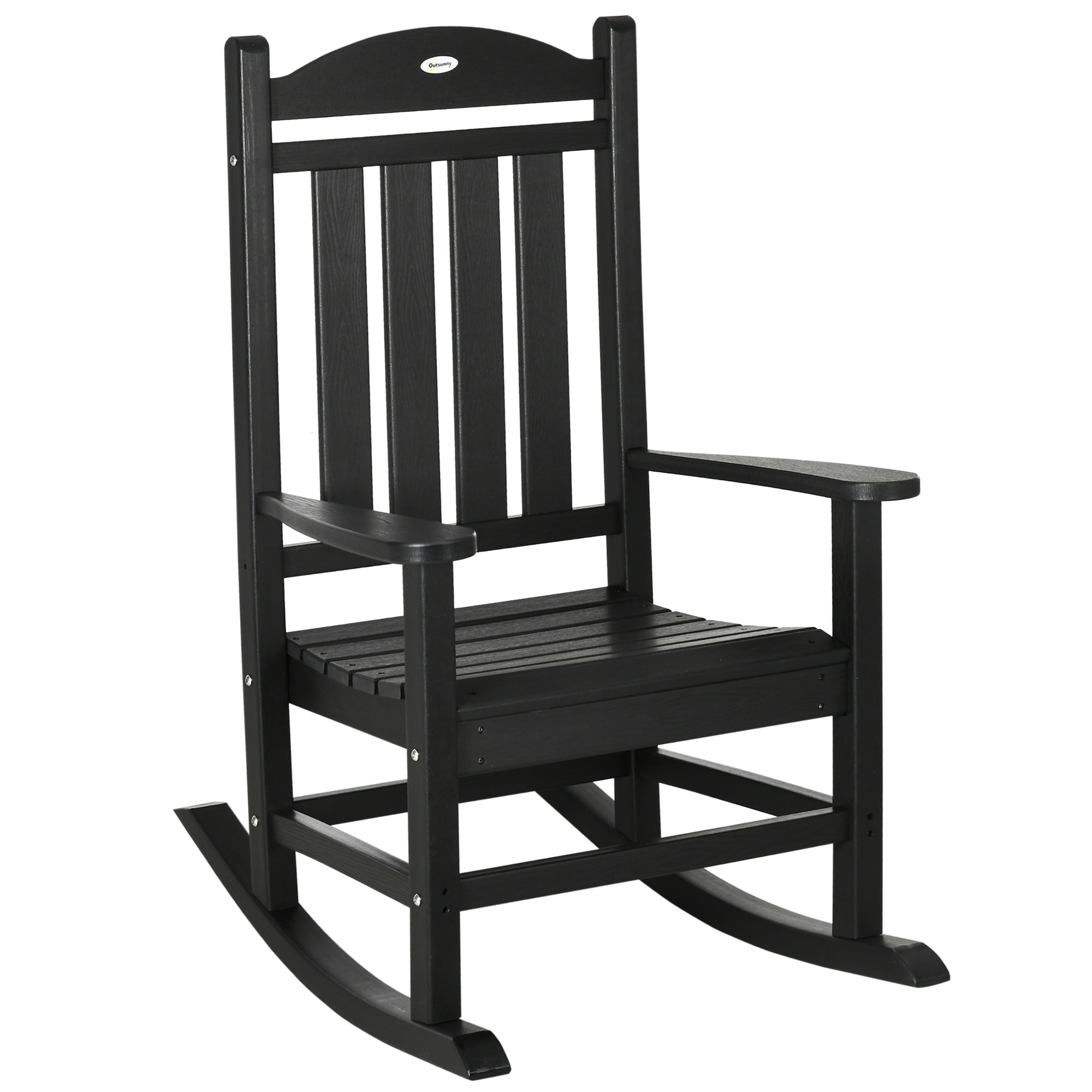 Outsunny Outdoor Rocking Chair, All Weather Resistant Hdpe Rocking Patio Chairs With Rustic High Back, Armrests, Oversized Seat And Slatted Backrest, 350Lbs Weight Capacity, Black Black Plastic