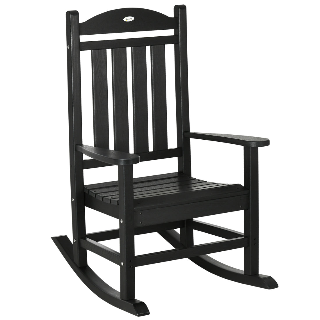 Outsunny Outdoor Rocking Chair, All Weather Resistant Hdpe Rocking Patio Chairs With Rustic High Back, Armrests, Oversized Seat And Slatted Backrest, 350Lbs Weight Capacity, Black Black Plastic