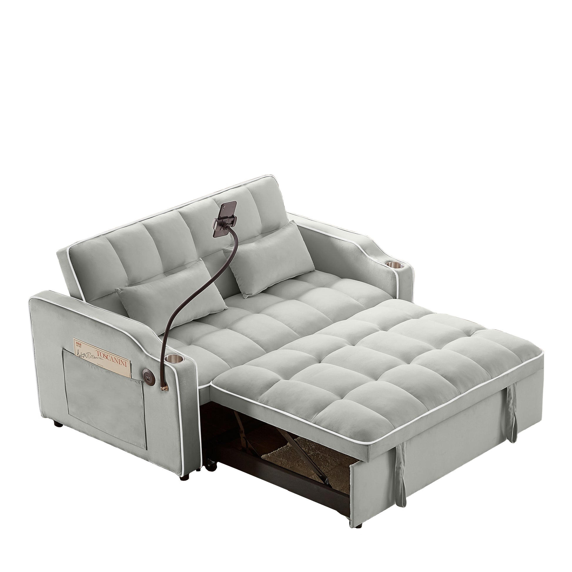 1 Versatile Foldable Sofa Bed In 3 Lengths, Modern Sofa Sofa Sofa Velvet Pull Out Bed, Adjustable Back And With Usb Port And Ashtray And Swivel Phone Stand Grey Gray Eucalyptus Solid Wood Mdf Resin 2 Seat