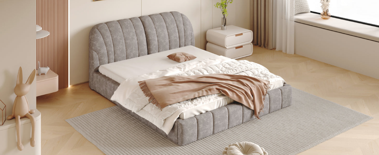 Queen Size Upholstered Platform Bed With Thick Fabric, Polyester, Gray Queen Gray Polyester