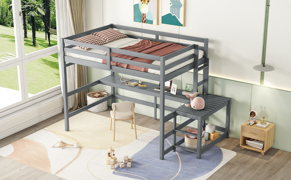 Full Size High Loft Bed With Built In Desk, Ladder Platform, Ladders, Guardrails ,Grey Full Grey Bedroom American Design Pine