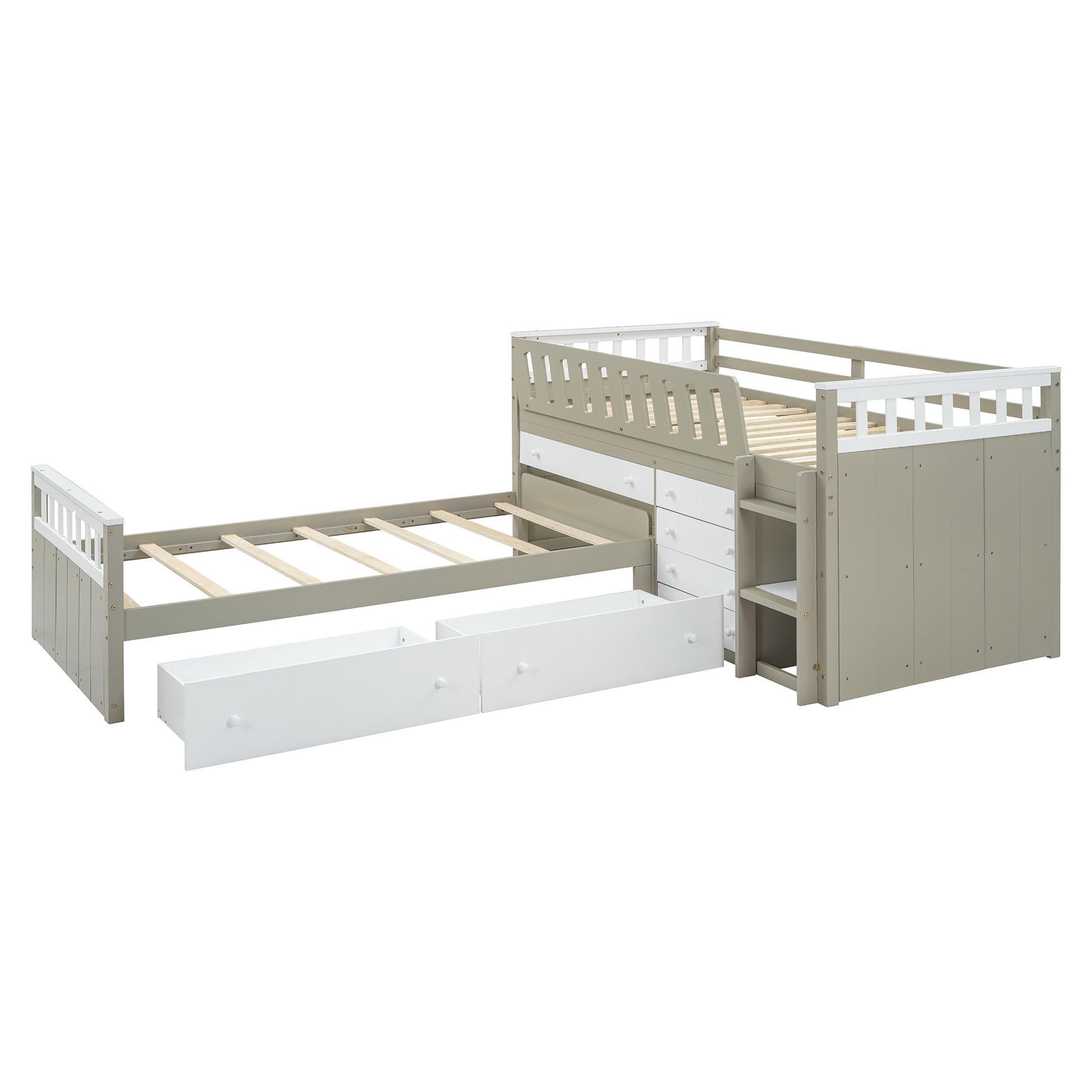 L Shaped Space Saving Twin Loft And Twin Platform Bed With 7 Drawers And Full Guardrails White Light Brown Twin Brown White Solid Wood