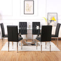 Table And Chair Set, Modern Dining Table, Tempered Glass Tabletop And Silver Colored Leg Table, Soft And Comfortable Dining Chair, Perfect For Dinner, Meetings, Home And Office Decor Black Seats 6 Glass