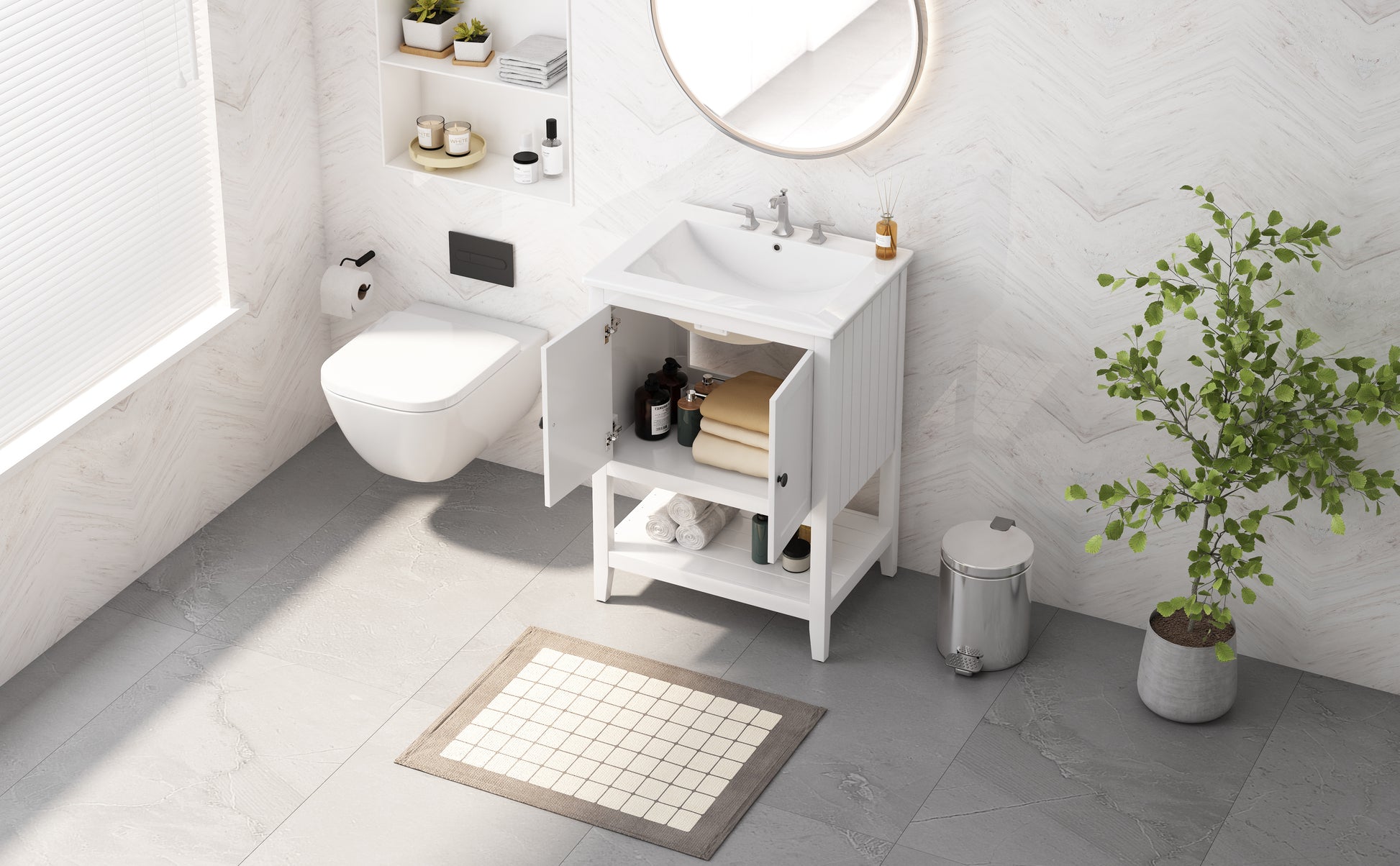 24" White Modern Sleek Bathroom Vanity Elegant Ceramic Sink With Solid Wood Frame Open Style Shelf White Solid Wood