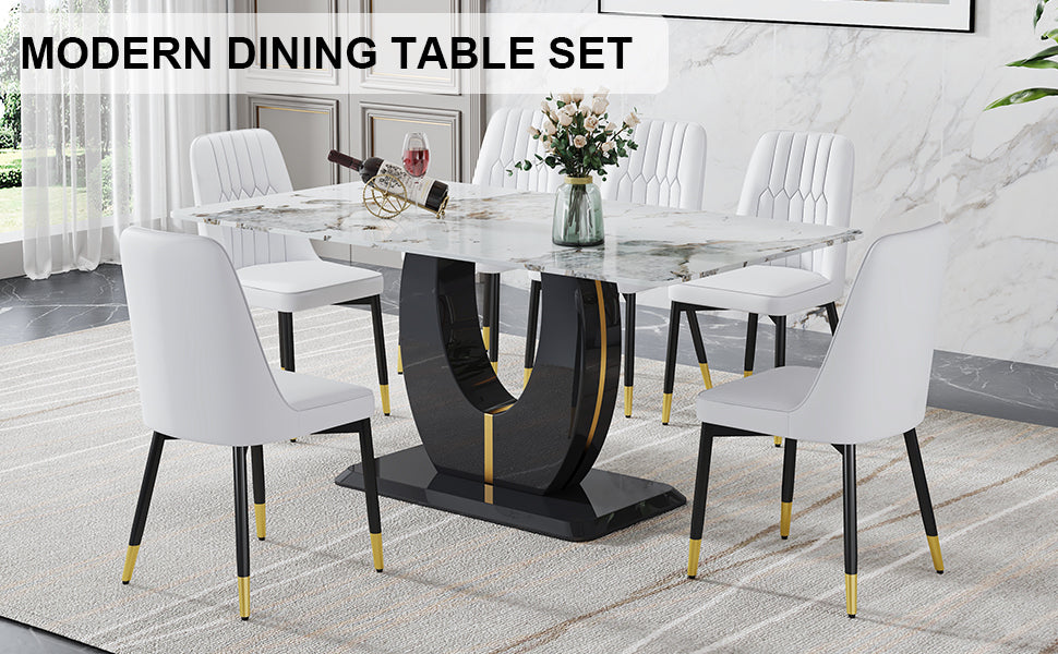 Table And Chair Set, Modern Dining Table, Patterned Table Top And Black Mdf Leg Table, Soft And Comfortable Dining Chair, Perfect For Dinner, Meetings, Home And Office Decor White Black Mdf Glass
