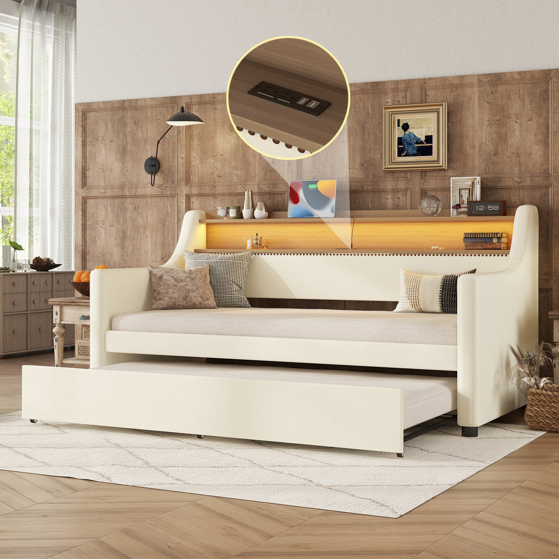 Twin Size Daybed With Trundle, Upholstered Daybed With Charging Station And Led Lights, White Twin White Pu Leather
