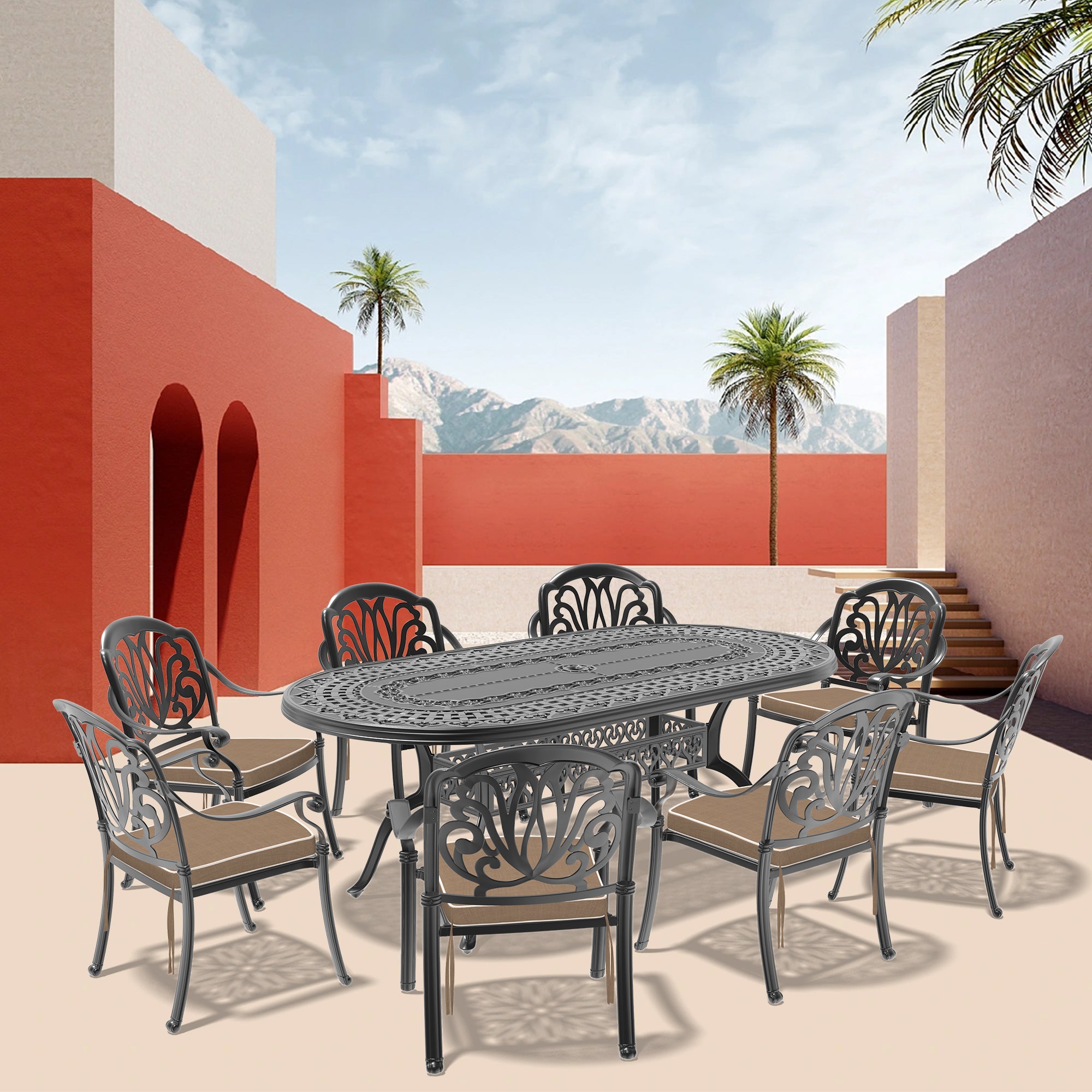 Cushions In Random Colors 9 Piece Set Of Cast Aluminum Patio Furniture With Cushions Yes Dining Set Black Seats 8 Rust Resistant Frame Water Resistant Cushion Garden & Outdoor Complete Patio Sets Aluminium
