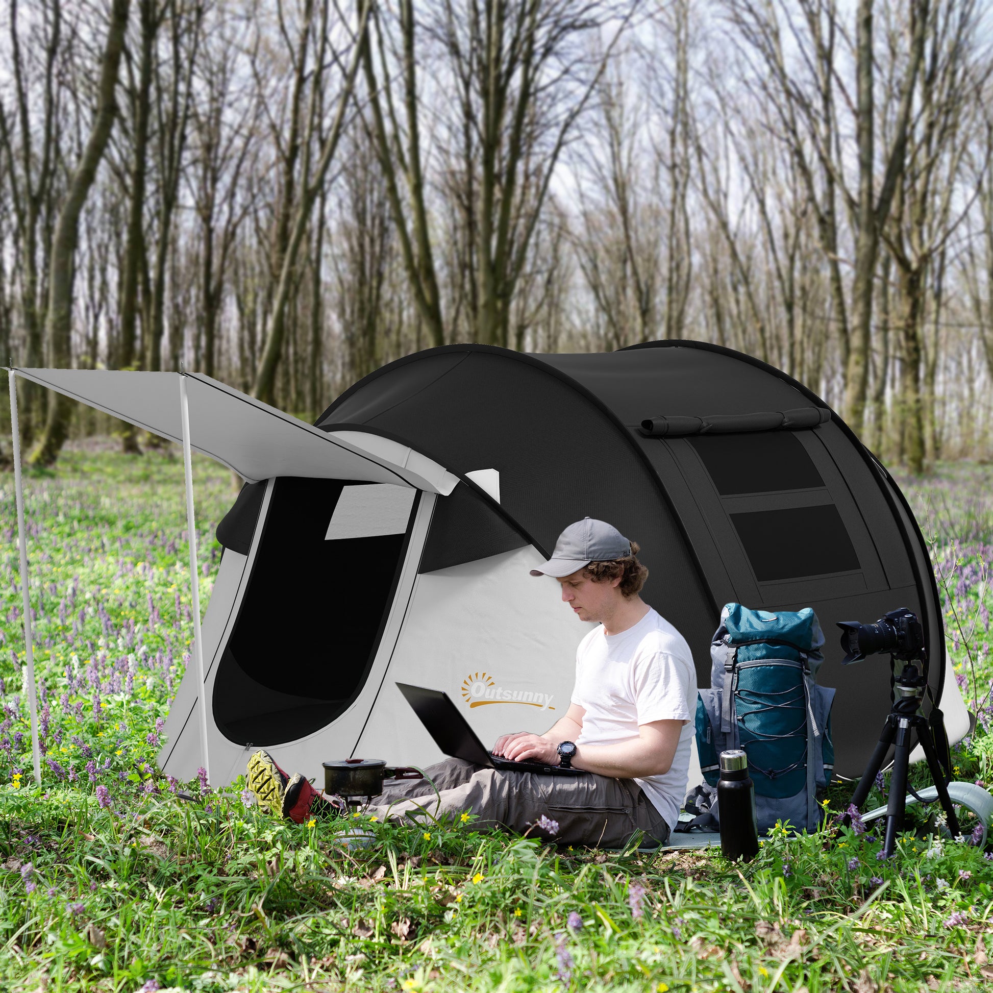 Outsunny Pop Up Tent, Instant Camping Tent With Porch And Carry Bag, 3000Mm Waterproof, For 2 3 People, Black, Poles Included Black Polyester