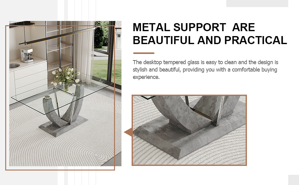 Table And Chair Set, Large Modern Rectangular Glass Table, Can Accommodate 6 8 People, Equipped With A 0.39 Inch Tempered Glass Tabletop And Large Mdf Table Legs, Comfortable And Soft Chairs. Transparent Glass