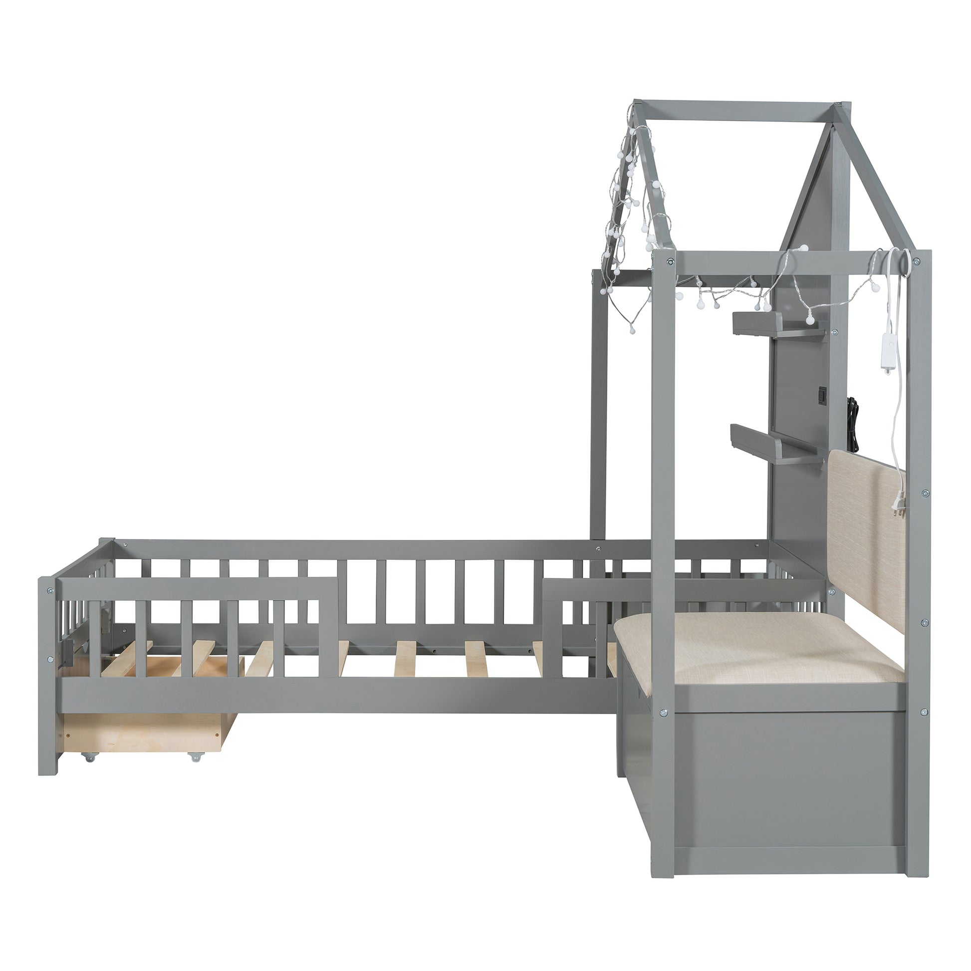 Twin Size House Bed With Upholstered Sofa, House Bed With Charging Station, Wireless Charging, Shelves And Two Drawers, Gray Twin Gray Solid Wood Mdf