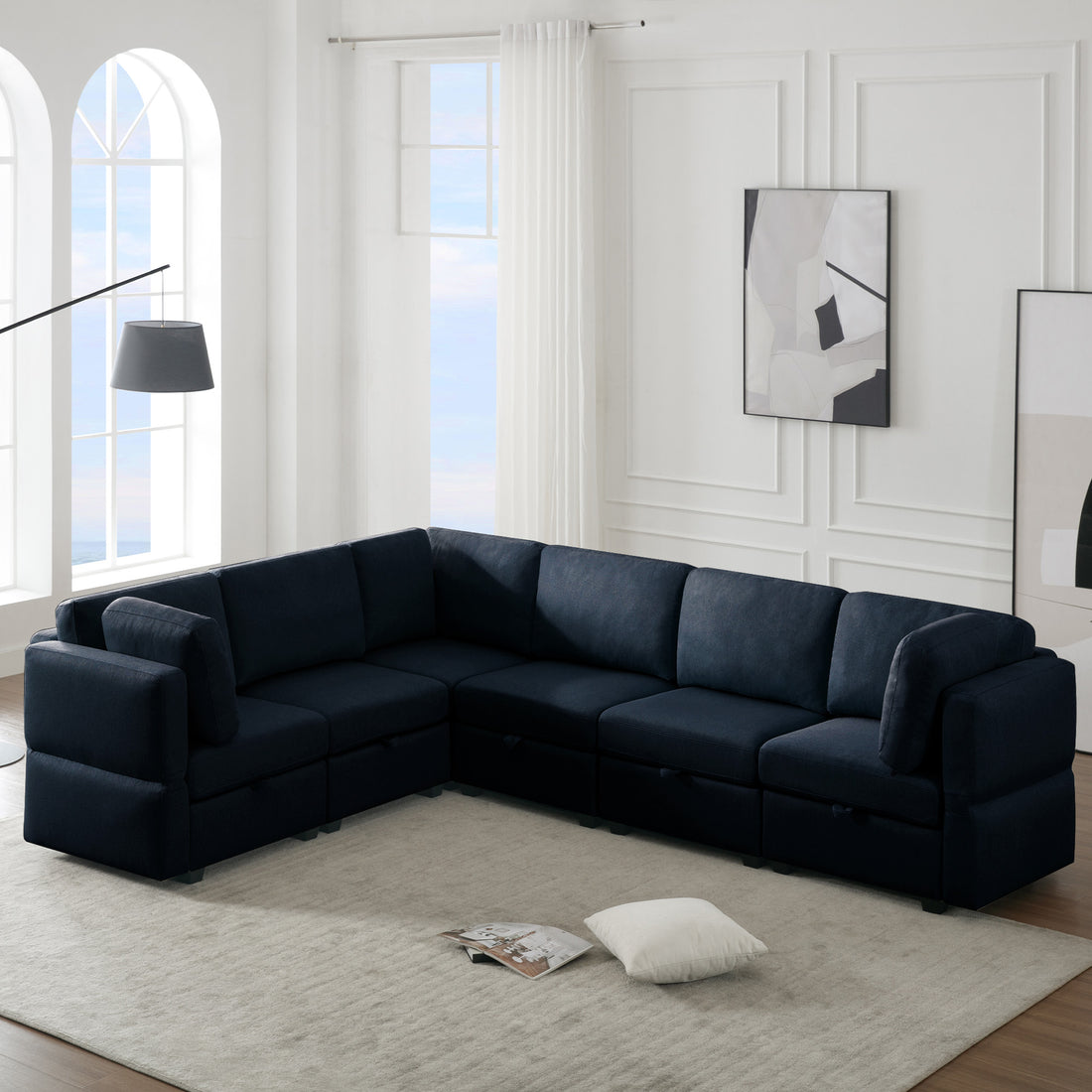 L Shaped Modular Sectional Corner Sofa Couch, 6 Seat Modular Sectional Sofa With Chaise For Living Room, Adjustable Arms And Backs Blue Blue Polyester 6 Seat