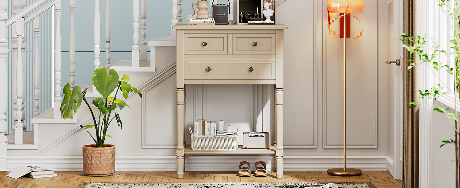 Narrow Console Table, Slim Sofa Table With Three Storage Drawers And Bottom Shelf Beige Beige Solid Wood Mdf