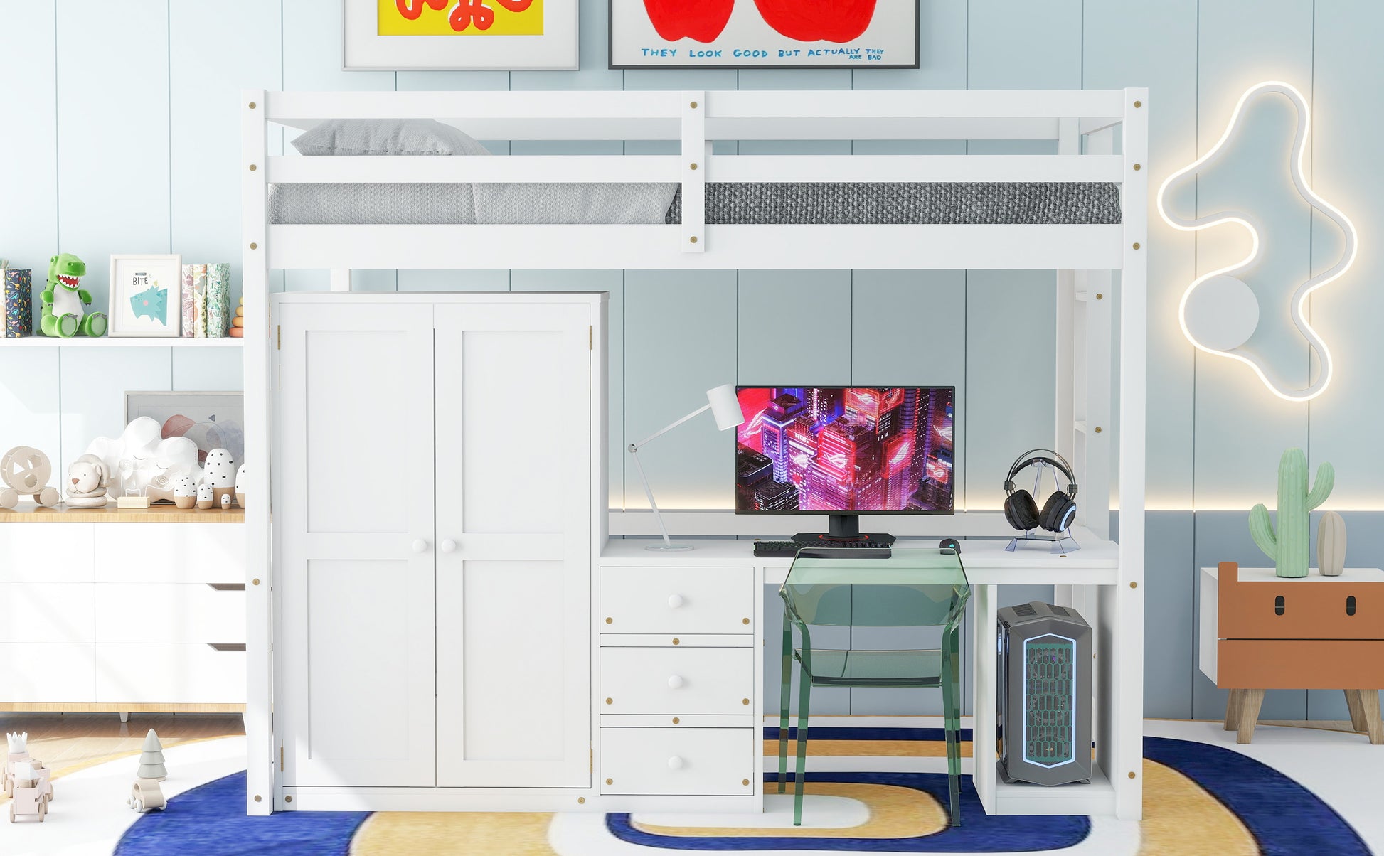 Full Size Loft Bed With Wardrobe, Desk And Storage Drawers, White Full White Pine