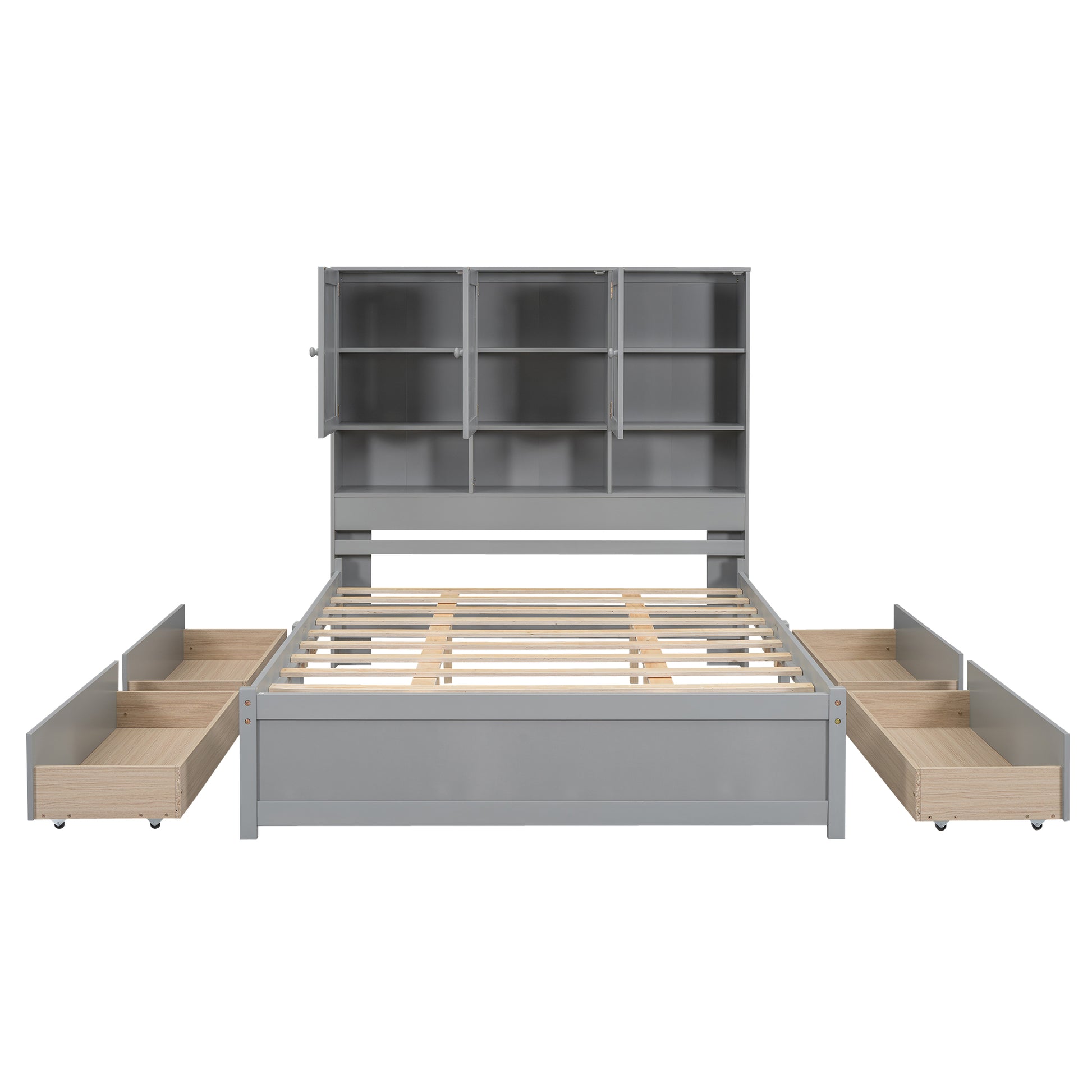 Queen Size Platform Bed With Storage Headboard And 4 Drawers, Gray Box Spring Not Required Queen Gray Wood Bedroom Bed Frame Solid Wood Mdf