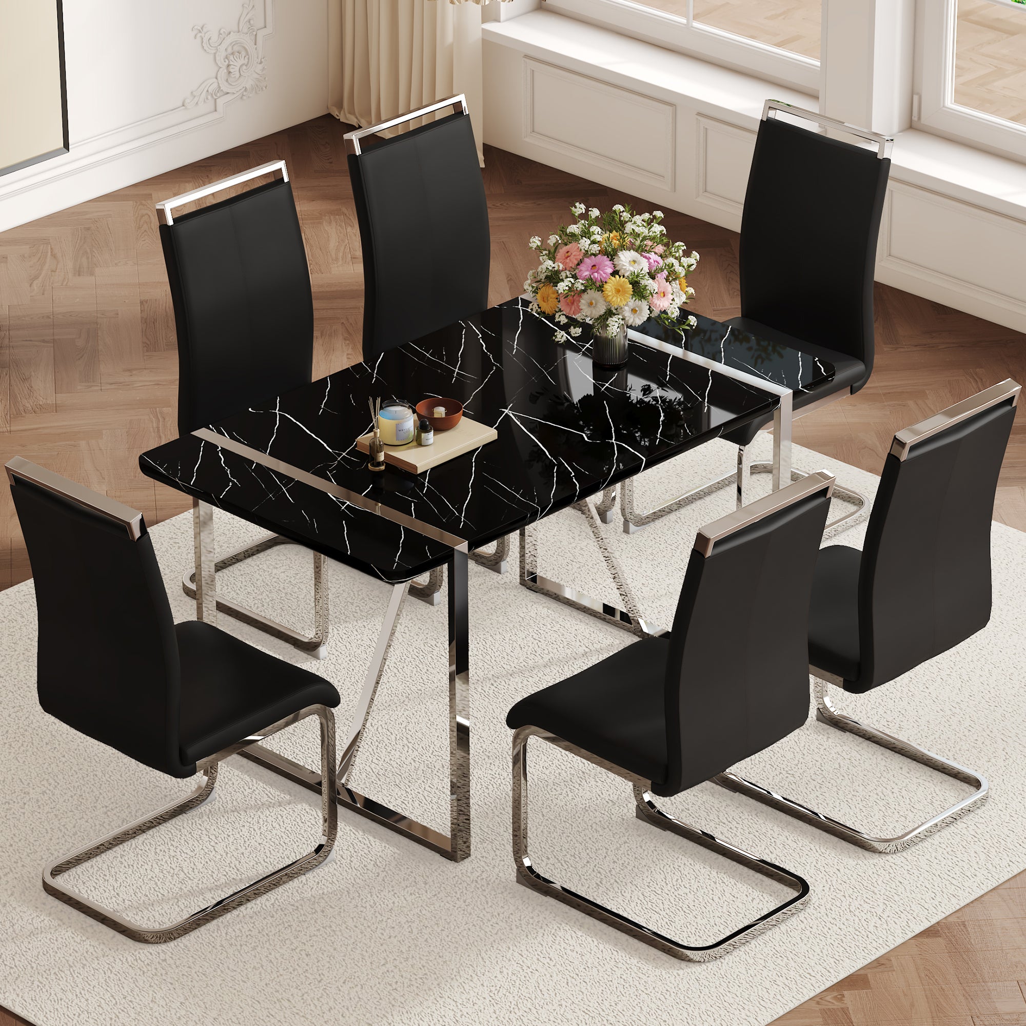 Table And Chair Set.A Rustic Industrial Rectangular Mdf Black Dining Table With Mdf Desktop And Electroplated Silver Metal Legs.Paried With 6 Chairs With Pu Cushion And Metal Legs. Black,Silver Seats 6 Mdf Metal