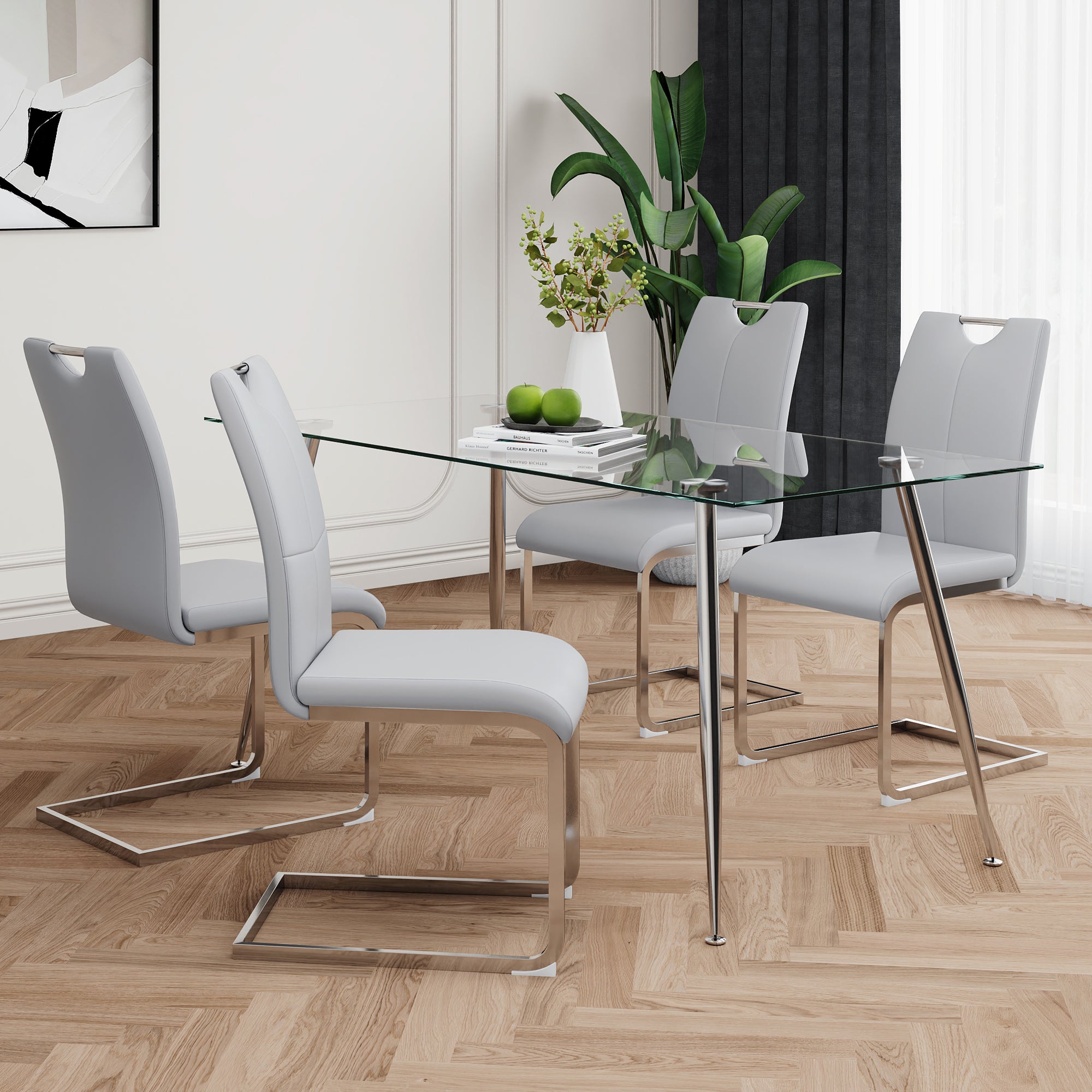 Modern Simple Rectangular Glass Dining Table, Solid Tempered Glass Tabletop, Electroplated Table Legs, Gray Pu Dining Chair Set, Suitable For Restaurant Kitchen Use Set Of 5 Upholstered Chair Glass Gray Pu Seats 4 Metal Rectangular Dining Table With