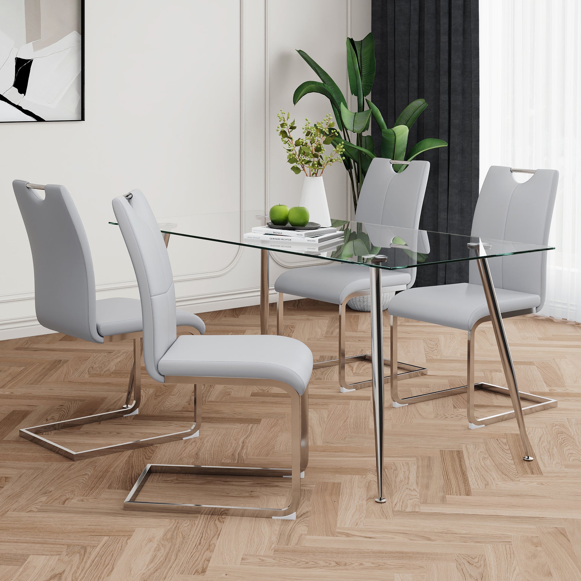 Modern Simple Rectangular Glass Dining Table, Solid Tempered Glass Tabletop, Electroplated Table Legs, Gray Pu Dining Chair Set, Suitable For Restaurant Kitchen Use Set Of 5 Upholstered Chair Glass Gray Pu Seats 4 Metal Rectangular Dining Table With