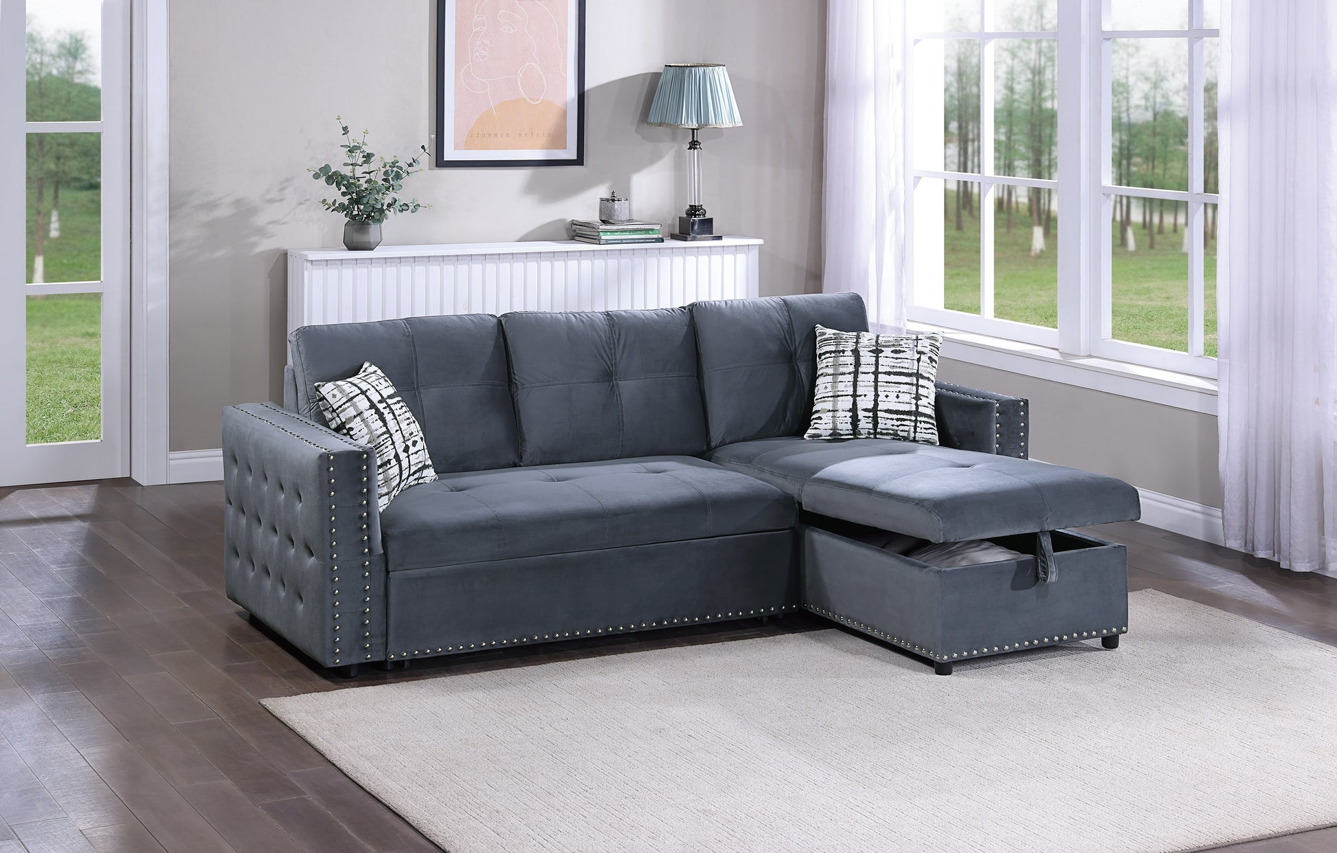 Gray Velvet Convertible Sectional Sofa Pull Out Bed Couch Storage Chaise Tufted Reversible 2Pc Sectional Living Room Gray Primary Living Space Tufted Back Contemporary,Modern L Shaped Square Arms Velvet 4 Seat