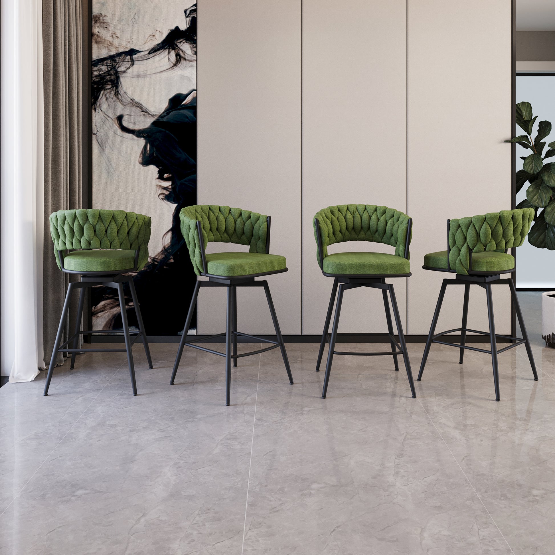 Bar Chair Linen Woven Bar Stool Set Of 4, Black Legs Barstools No Adjustable Kitchen Island Chairs,360 Swivel Bar Stools Upholstered Bar Chair Counter Stool Arm Chairs With Back Footrest, Green Green Foam Linen