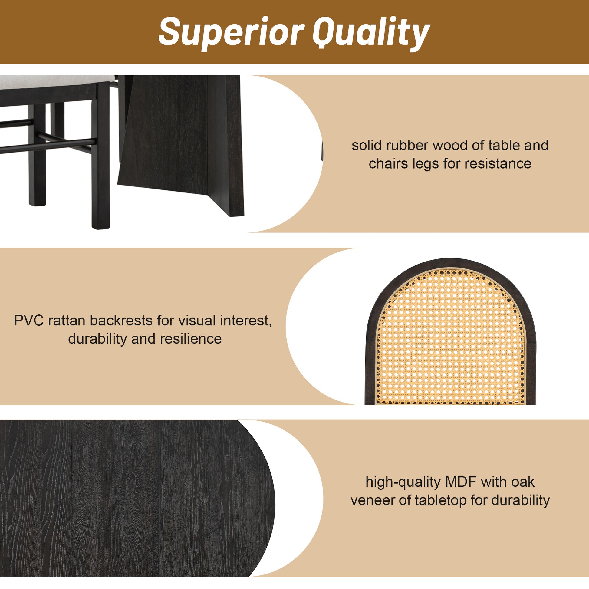 5 Piece Retro Functional Dining Set With 1 Extendable Dining Table And 4 Upholstered Chairs With Rattan Backrests For Dining Room And Kitchen Espresso Espresso Solid Wood Mdf