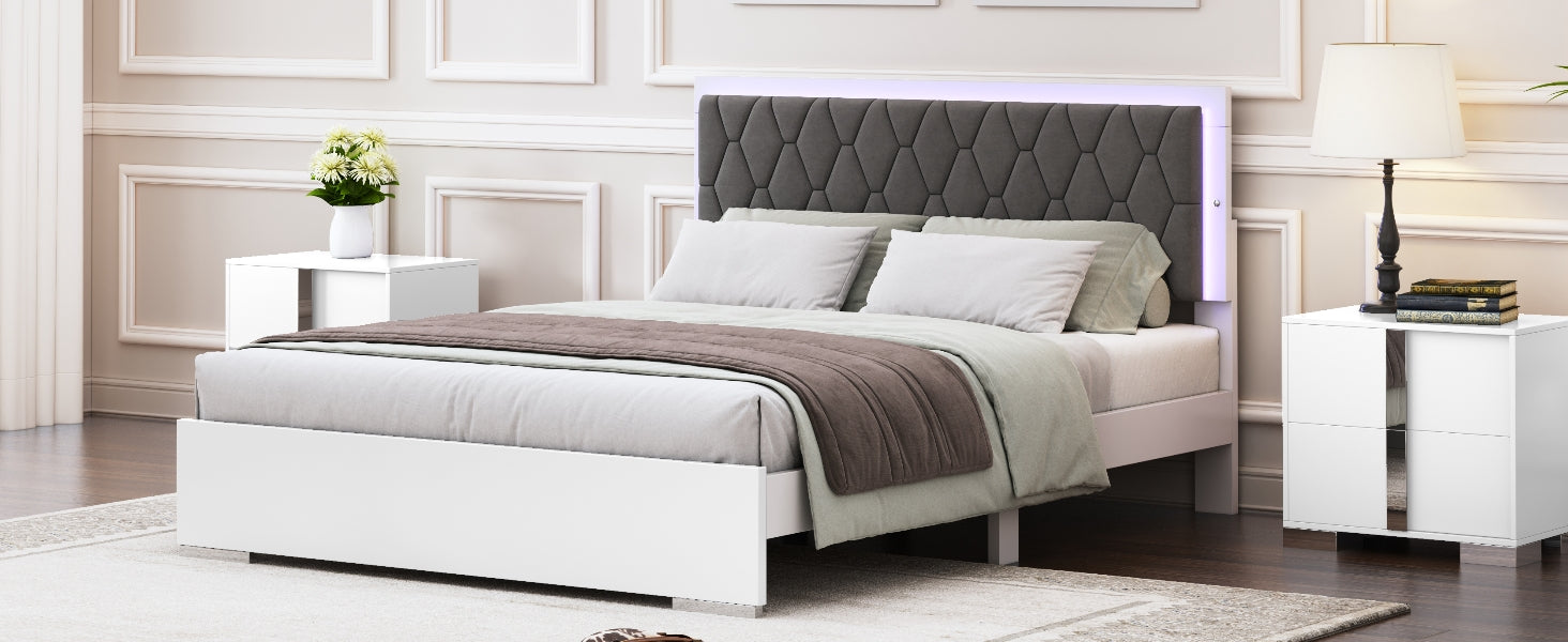 Queen Size Upholstered Bed With Led Light,Modern Platform Bed With With Velvet Headboard,White Queen White Mdf