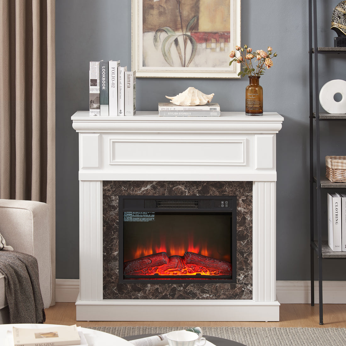 Electric Fireplace With Mantel,Fireplace Mantel Surround With 23" Fireplace Insert, Adjustable Flame, Remote Control White,41.34"W*14"D*40"H White Mdf