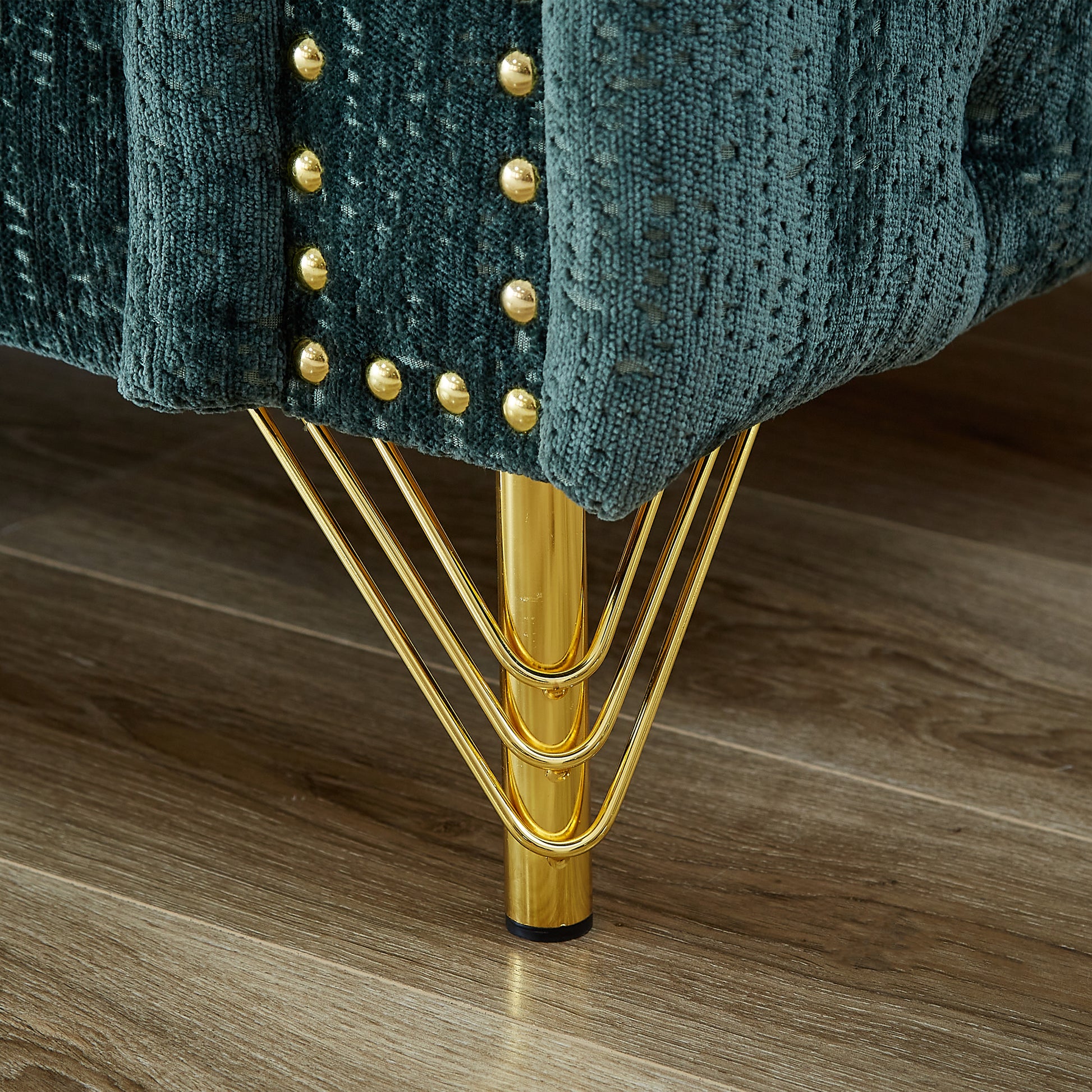 Chenille Pull Buckle Design Sofa For Living Room,Buttons Tufted With Copper Nail Decoration Armrest, Modern Couch Upholstered Button And Metal Legs Green Foam Chenille 5 Seat