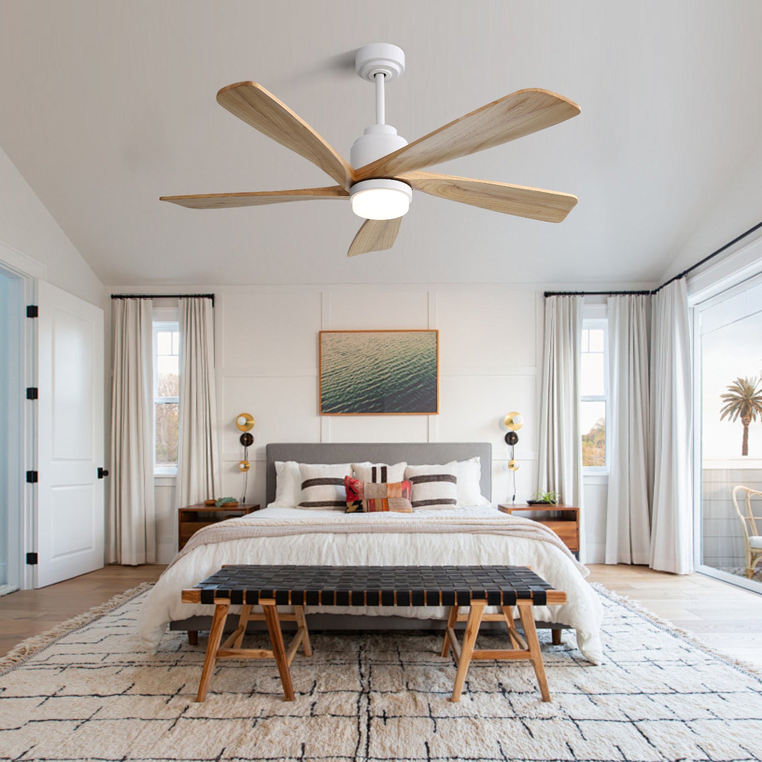 52 Inch Ceiling Fan With Dimmable Led Light 5 Solid Wood Blades Smart Remote Control Reversible Dc Motor Ceiling Fan White Metal & Wood