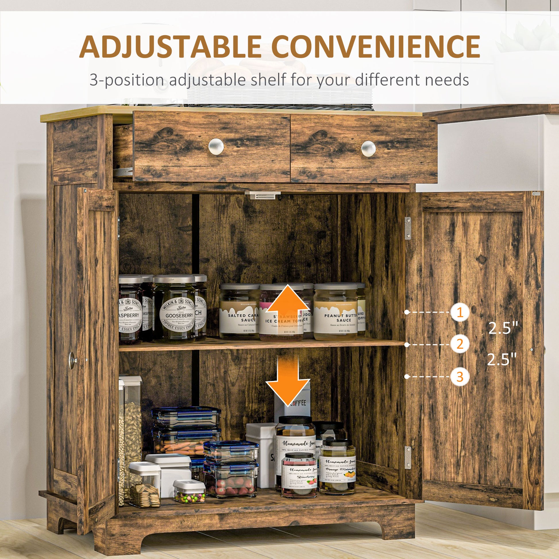 Homcom Sideboard With Solid Wood Countertop, Modern Kitchen Storage Cabinet, Coffee Bar Cabinet With 2 Drawers, Doors And Adjustable Shelf, Rustic Brown Rustic Brown Engineered Wood