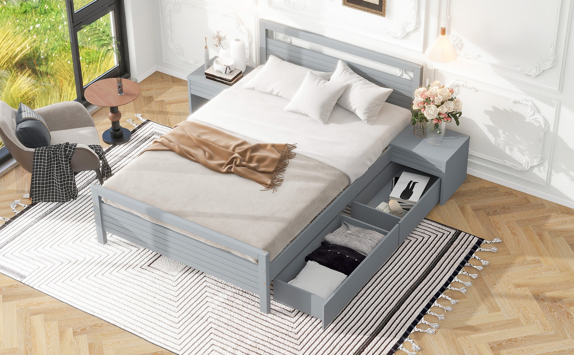 Full Size Wooden Platform Bed With 2 Storage Drawers And 2 Bedside Tables, Gray Full Gray Pine