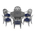 Cushions In Random Colors 7 Piece Set Of Cast Aluminum Patio Furniture With Cushions Yes Dining Set Black Seats 6 Rust Resistant Frame Water Resistant Cushion Garden & Outdoor Complete Patio Sets Aluminium