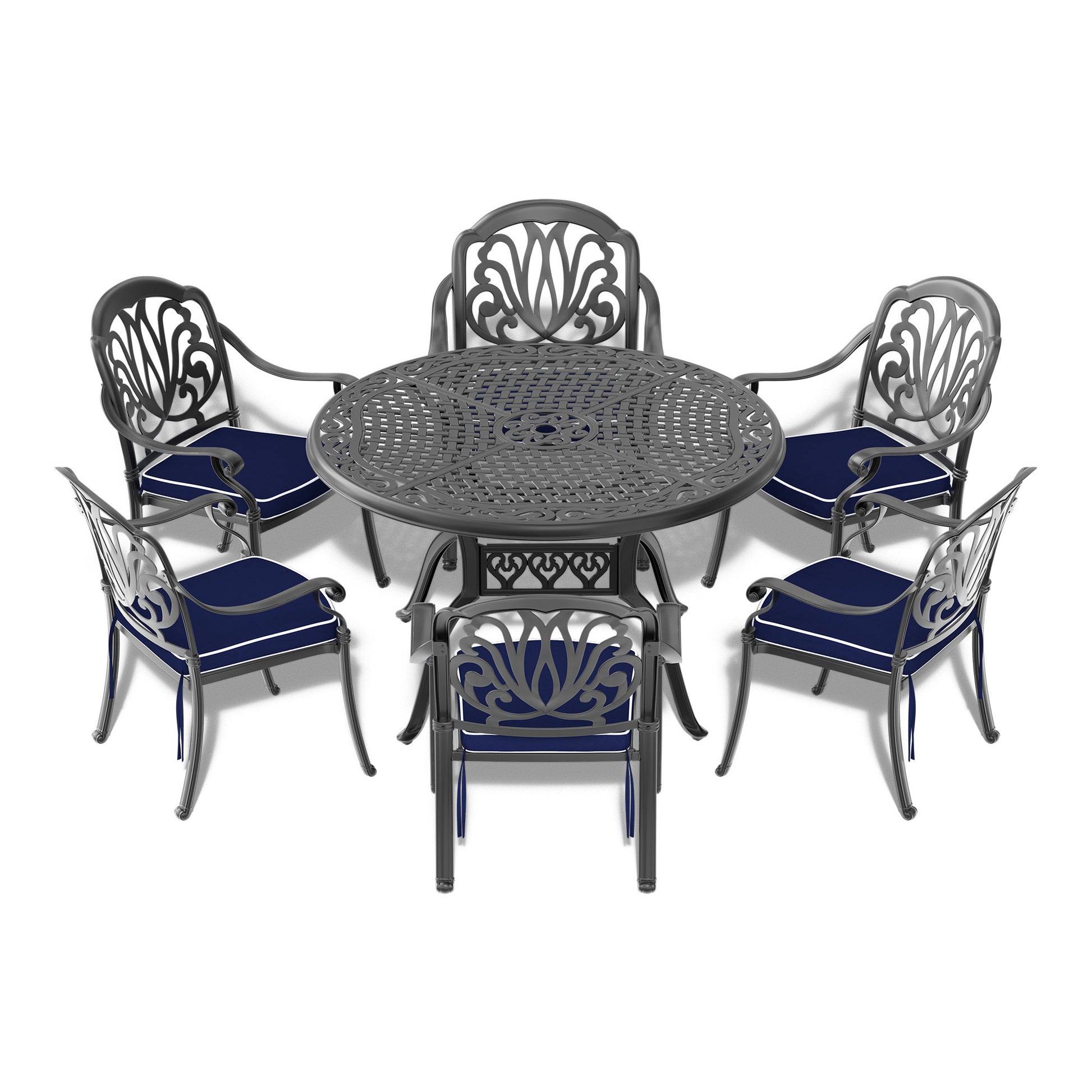 Cushions In Random Colors 7 Piece Set Of Cast Aluminum Patio Furniture With Cushions Yes Dining Set Black Seats 6 Rust Resistant Frame Water Resistant Cushion Garden & Outdoor Complete Patio Sets Aluminium