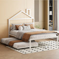 Full Size Metal Platform Bed With Twin Size Trundle,House Shaped Headboard Design, White Full White Metal