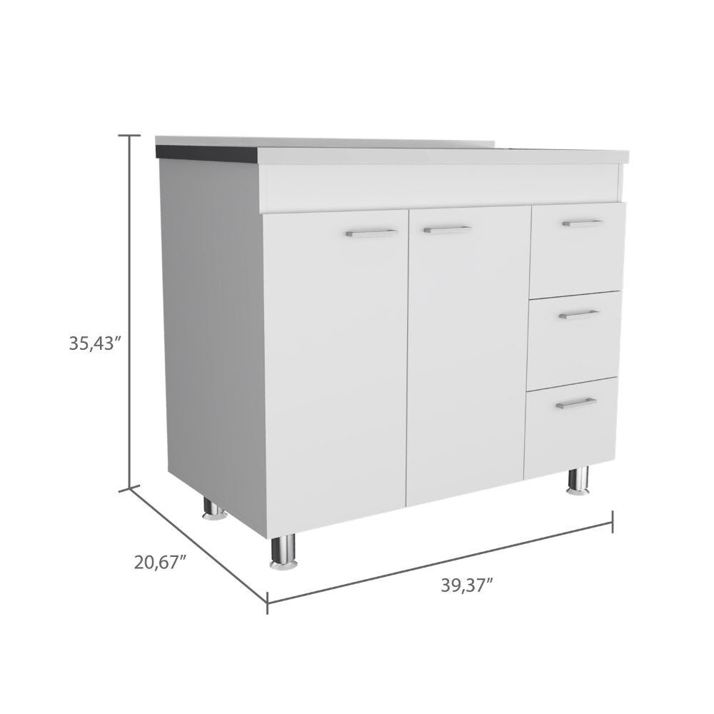 Base Double Door Cabinet, Three Drawers, White White Solid Wood Mdf Engineered Wood