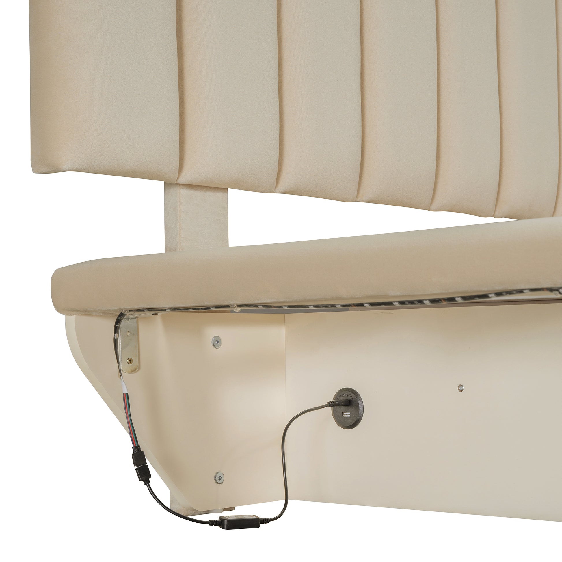 Queen Size Upholstered Floating Bed With Led Light And Usb Port, Velvet, Beige, Hydrualic Platform Bed Queen Beige Velvet