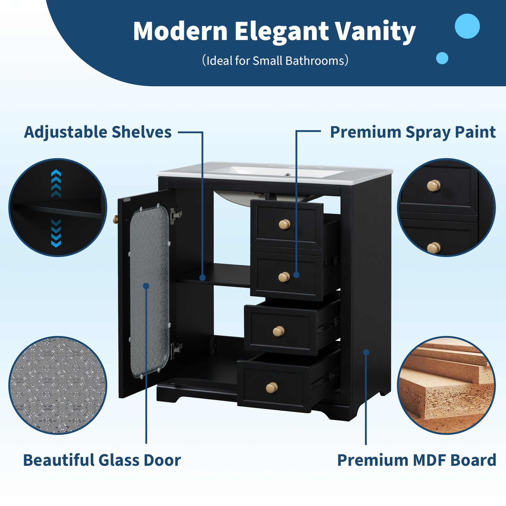 30 Inch Bathroom Vanity With A Soft Close Glass Door, Adjustable Shelves, And Three Drawers Black Bathroom Solid Wood Mdf Glass