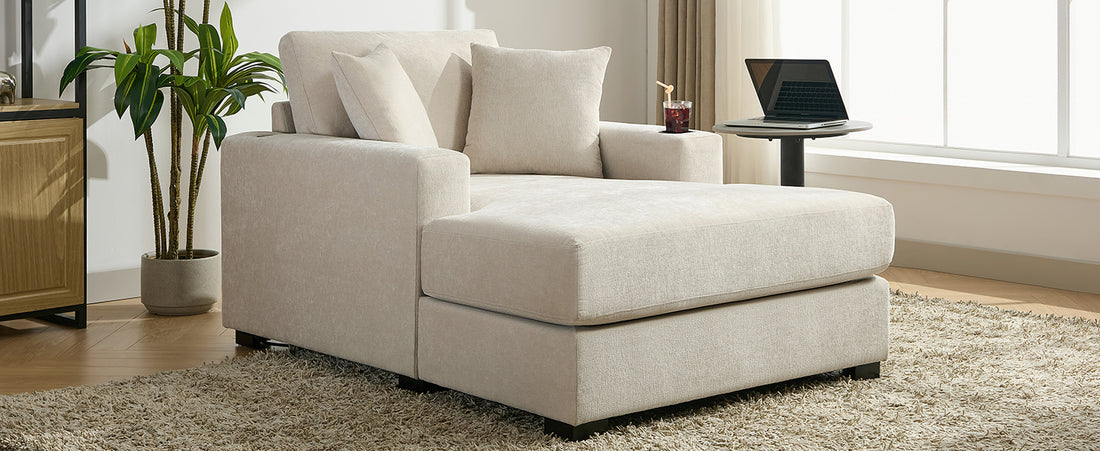 43.5" Oversized Chaise Lounger Modern Style Sofa Couch ,With Pillows, Charge Station & Cup Holders, Chenille Fabric, Cream Cream Chenille