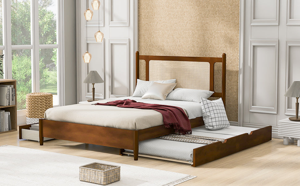 Queen Size Wooden Rattan Platform Bed, With 2 Big Drawers, T Size Trundle, Brown Queen Brown Plywood