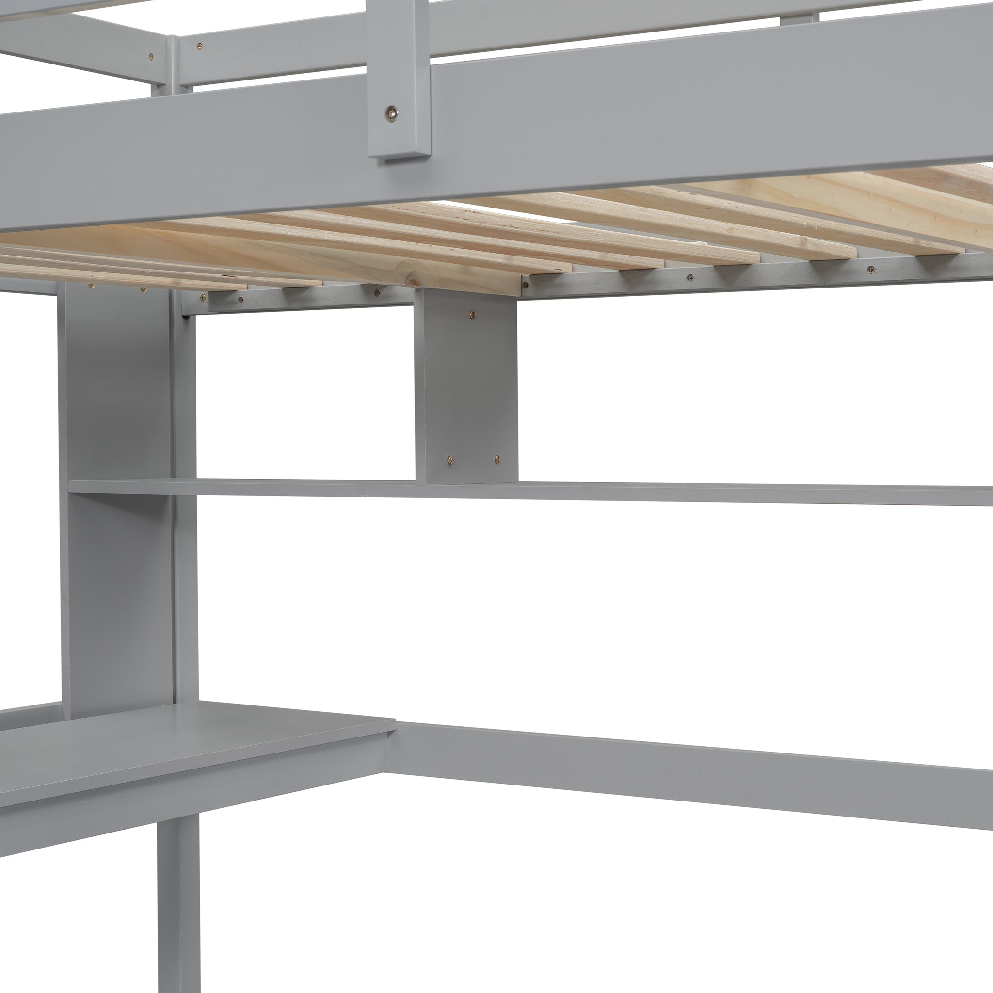 Twin Size Loft Bed With Desk And Shelves, Safety Guardrail And Ladder,Grey Twin Grey Pine